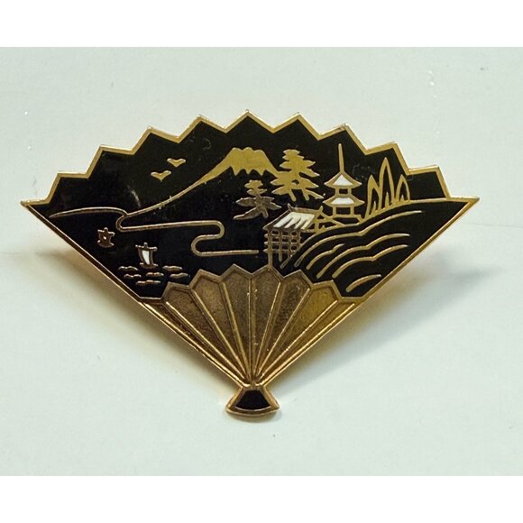 Damascene Japanese Fan Pin Brooch Scenic Mountain & Pagoda - Picture 1 of 3